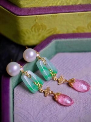 Green jade and pink jewel pearl earrings