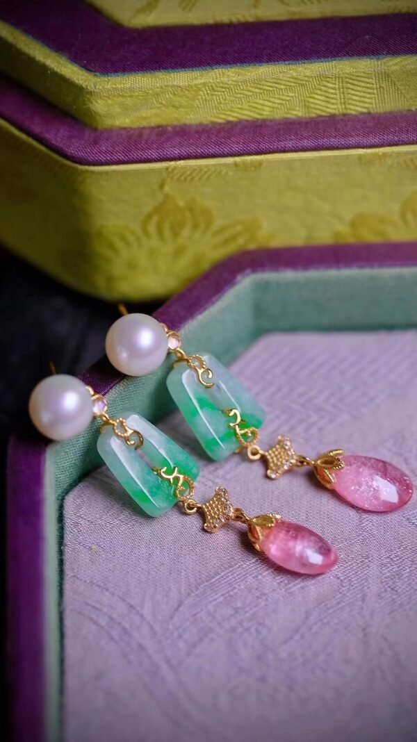 Green jade and pink jewel pearl earrings