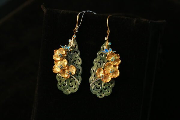 Gold Butterfly Orchid and Jade fan earrings